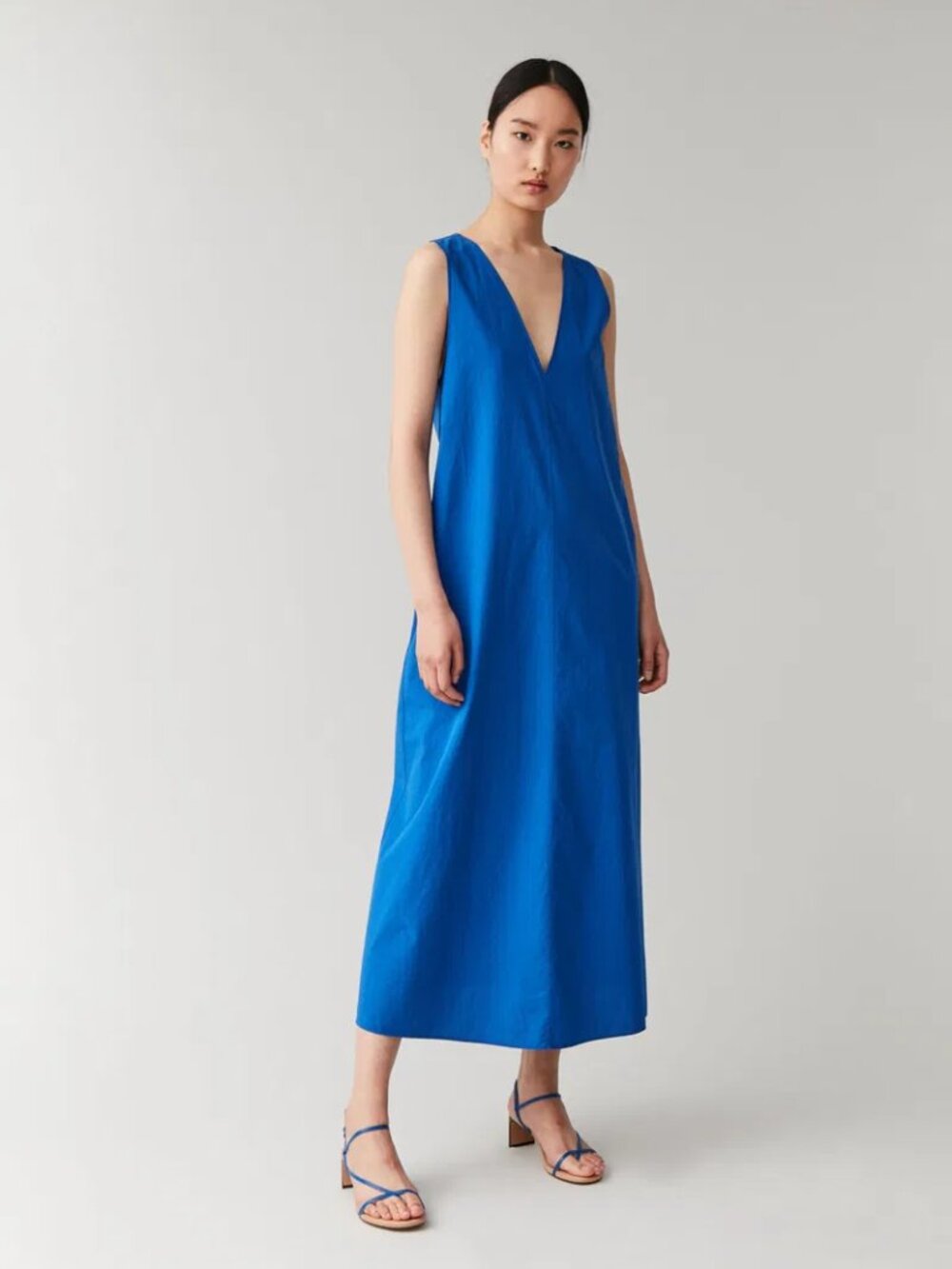 COS Blue 100% Cotton Poplin V-Neck Knot Back A-Line Maxi Dress, Size 4